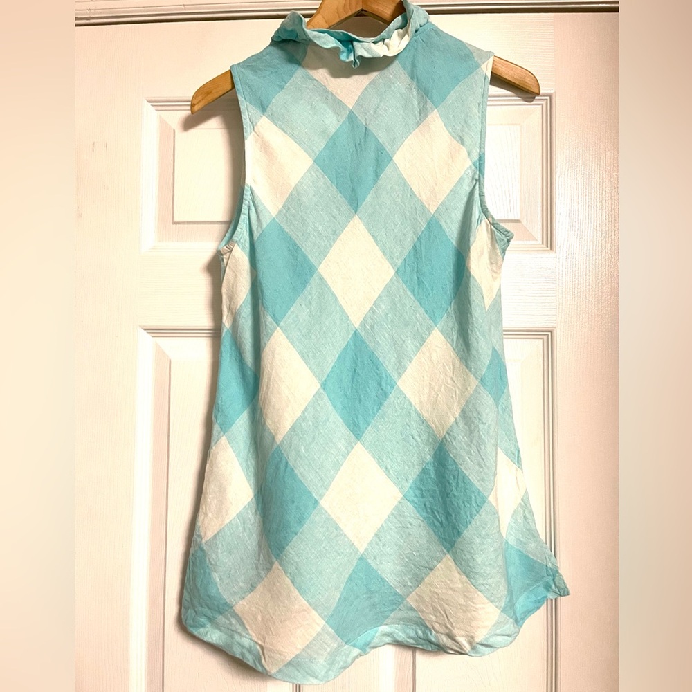 Crown & Ivy Aqua and White Sleeveless Ruffle Neck Linen Blouse XL - Picture 3 of 5